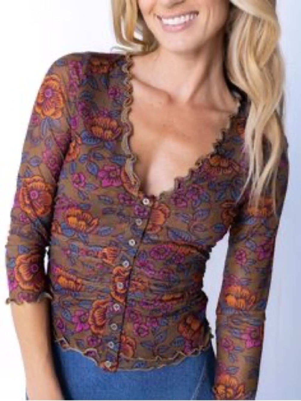 Natural Life brown floral long-sleeve mesh top V-neck button-front ruched L